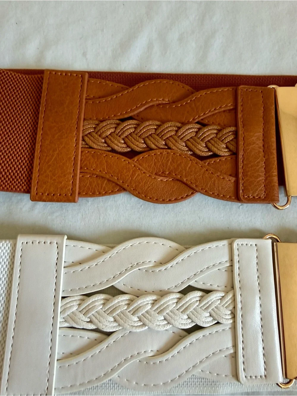 2 Elastic Braided Waist Belts - Tan and White